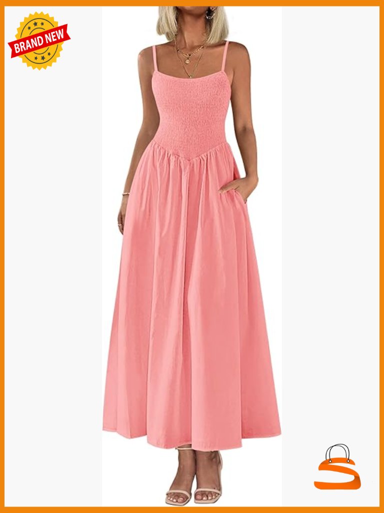 Smocked Maxi Dress Spaghetti Strap Sundress Flowy Beach Dresses